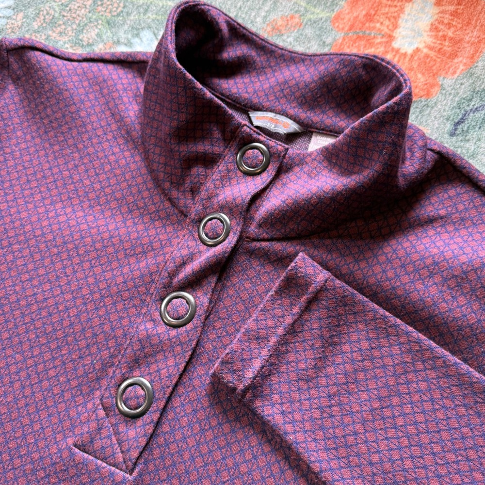 Merrell Womens Plum Purple Geometric‎ Snap Neck High Low Pullover Top Large